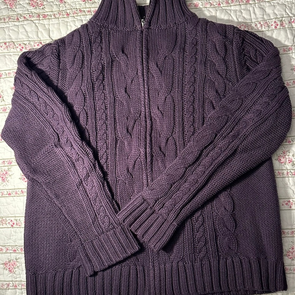 L.L. Bean Purple Zip Up Cable Knit Sweater